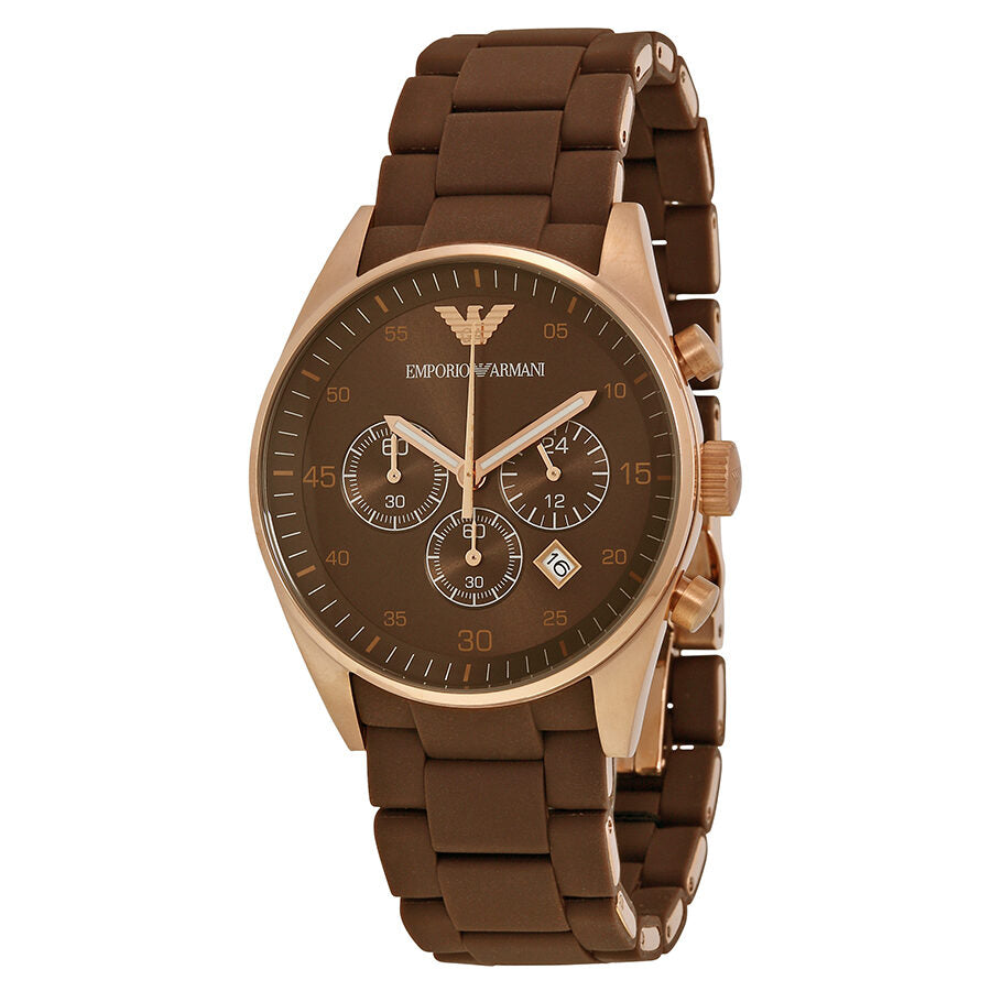 Emporio Armani Sport Chronograph AR5890 brown dial watch with rose gold case and brown strap