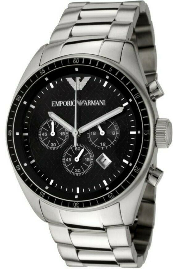 Emporio Armani Sportivo AR0585 chronograph watch with black dial and silver stainless steel bracelet