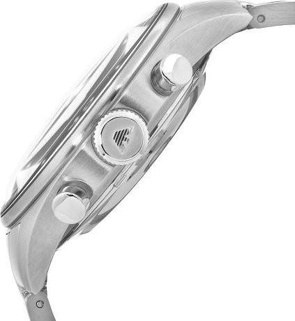 Side profile of Emporio Armani Sportivo AR0585 showing silver stainless steel case and bracelet