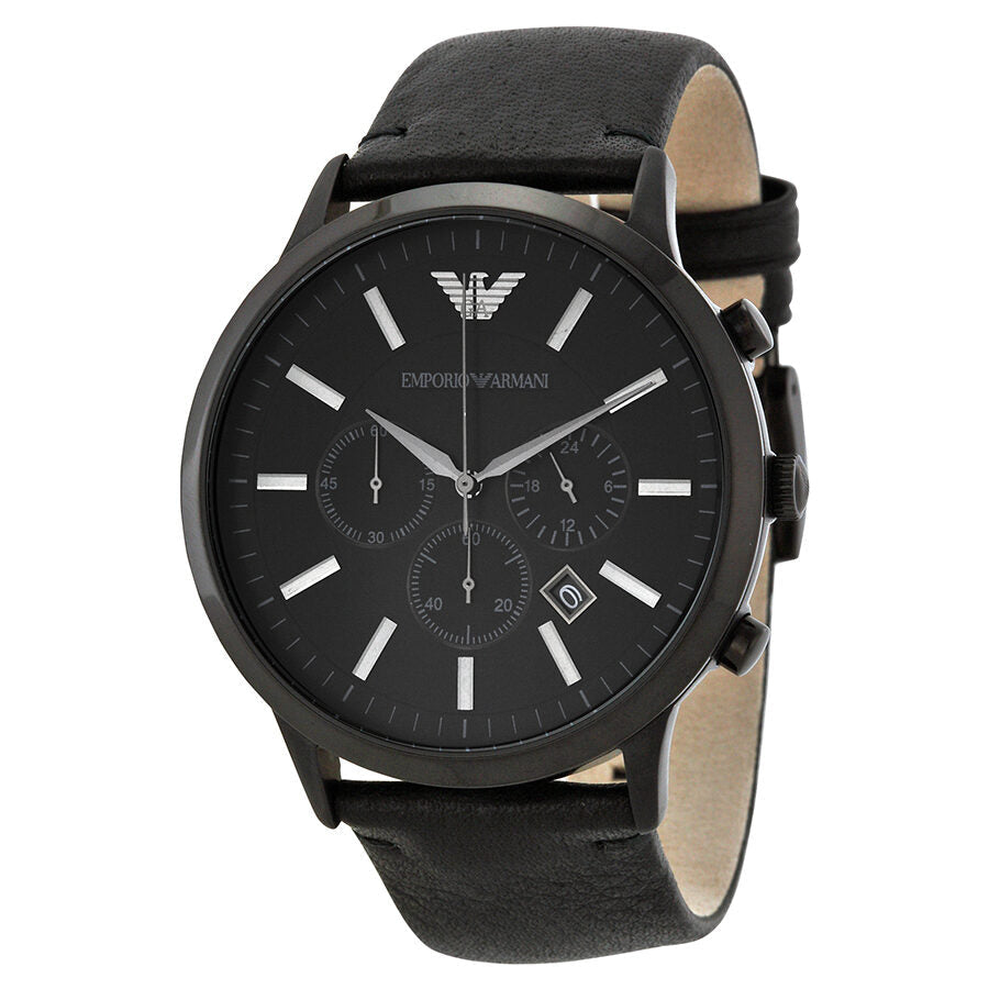 Emporio Armani Sportivo chronograph watch with black dial and leather strap