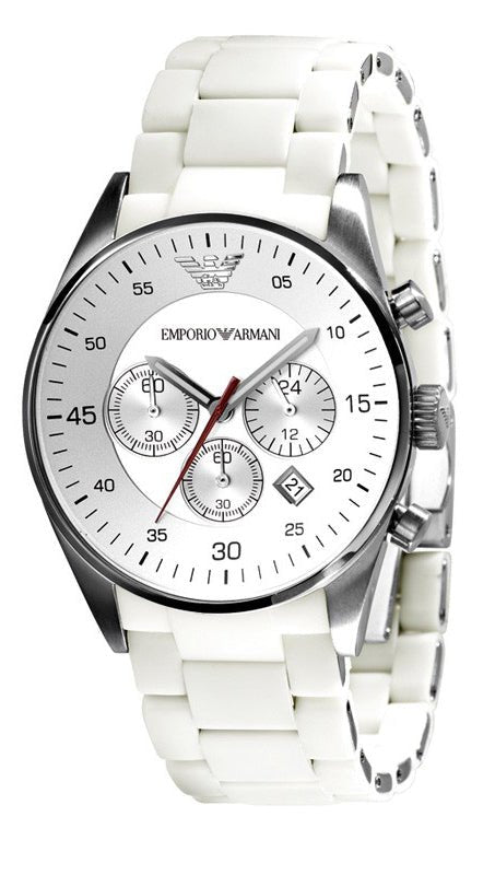 Emporio Armani Tazio AR5859 three-subdial chronograph watch angled view with white strap