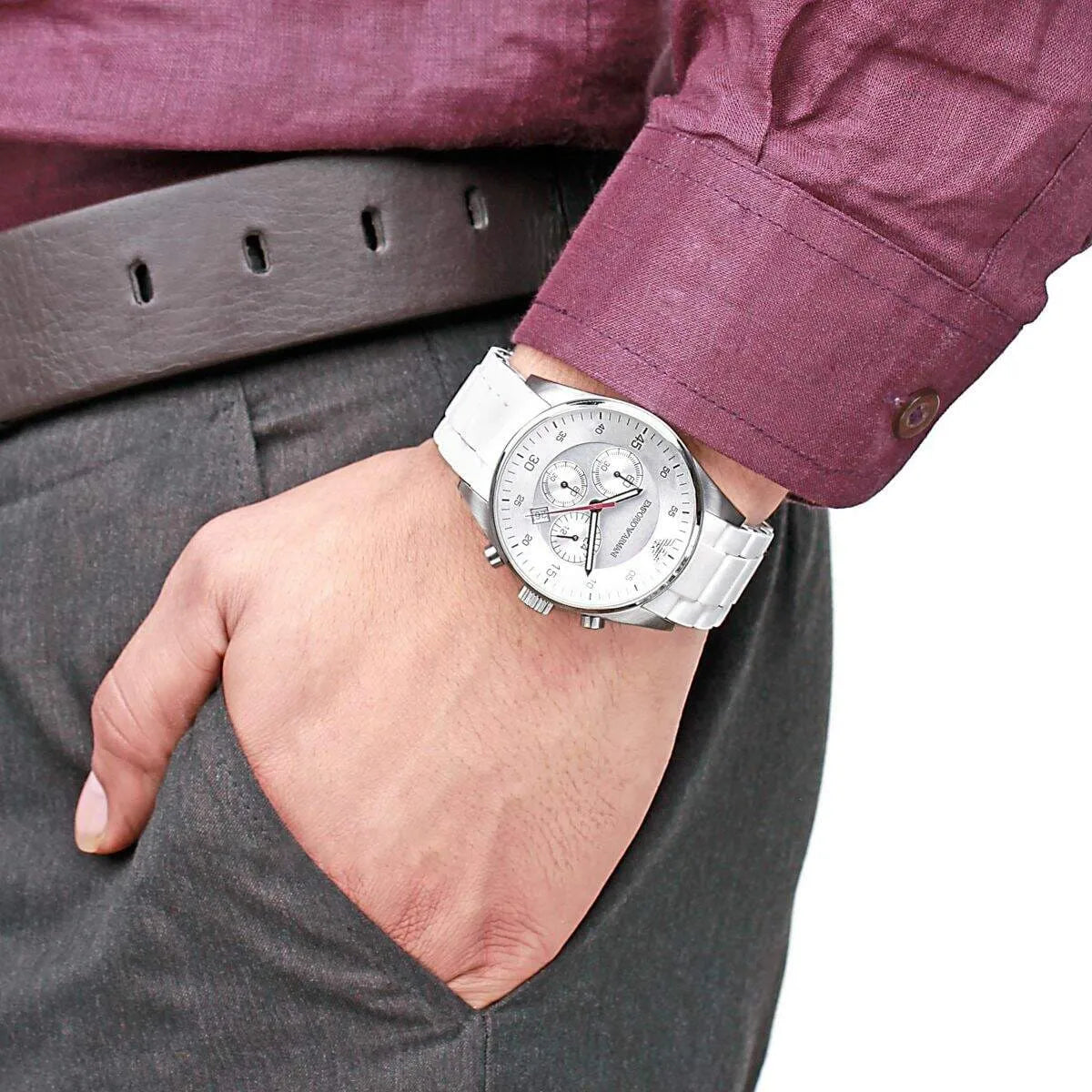Emporio Armani Tazio white chronograph watch worn on wrist