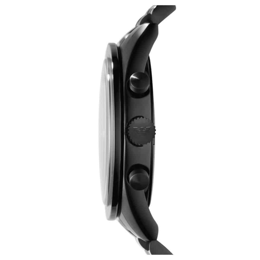 Emporio Armani Tazio AR5989 side profile showing black chronograph case and black bracelet