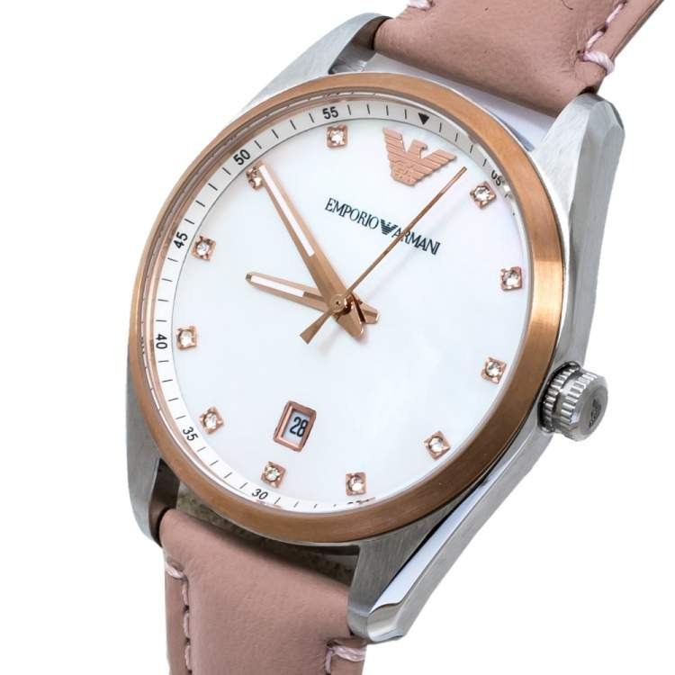 Emporio Armani Tazio watch at angle showing dial detail with diamond hour markers