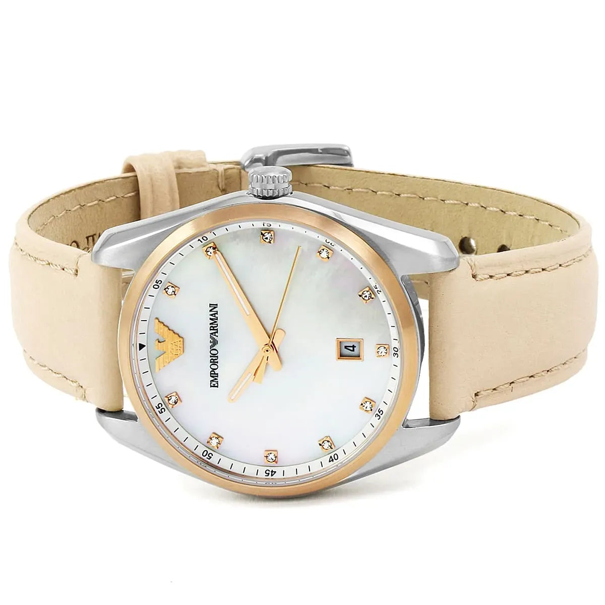 Emporio Armani Tazio AR6133 watch on wrist with nude leather strap