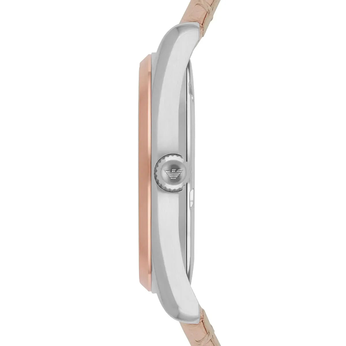Emporio Armani Tazio watch side view showing case profile and leather strap