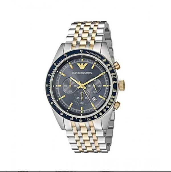 Emporio Armani Tazio AR8030 two-tone chronograph watch angle view showing case and strap