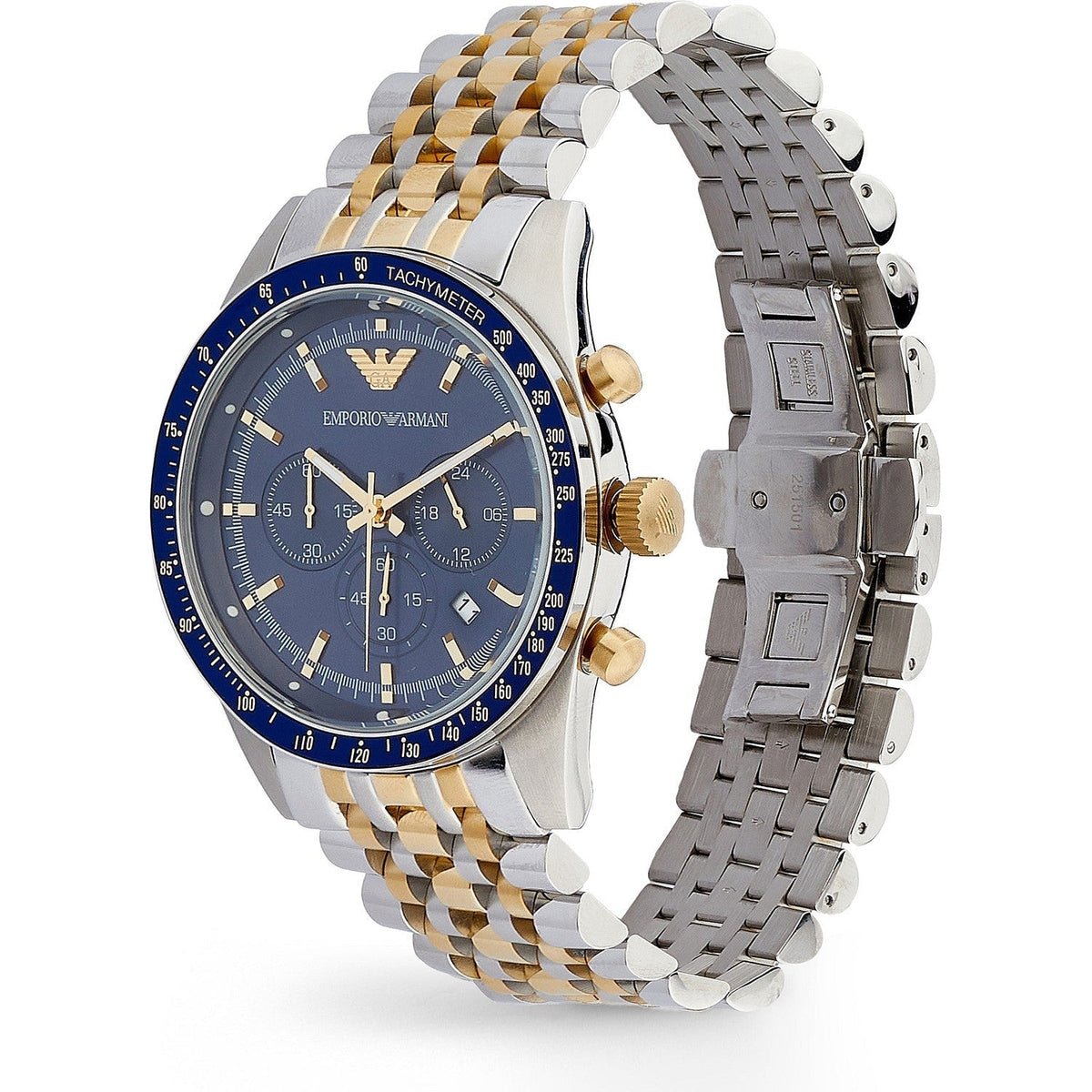 Emporio Armani Tazio AR8030 side view showing two-tone bracelet and case profile
