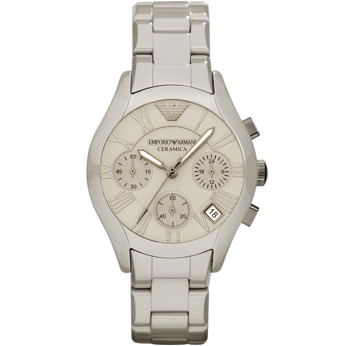 Emporio Armani Valente white ceramic chronograph watch with Roman numeral dial and steel bracelet