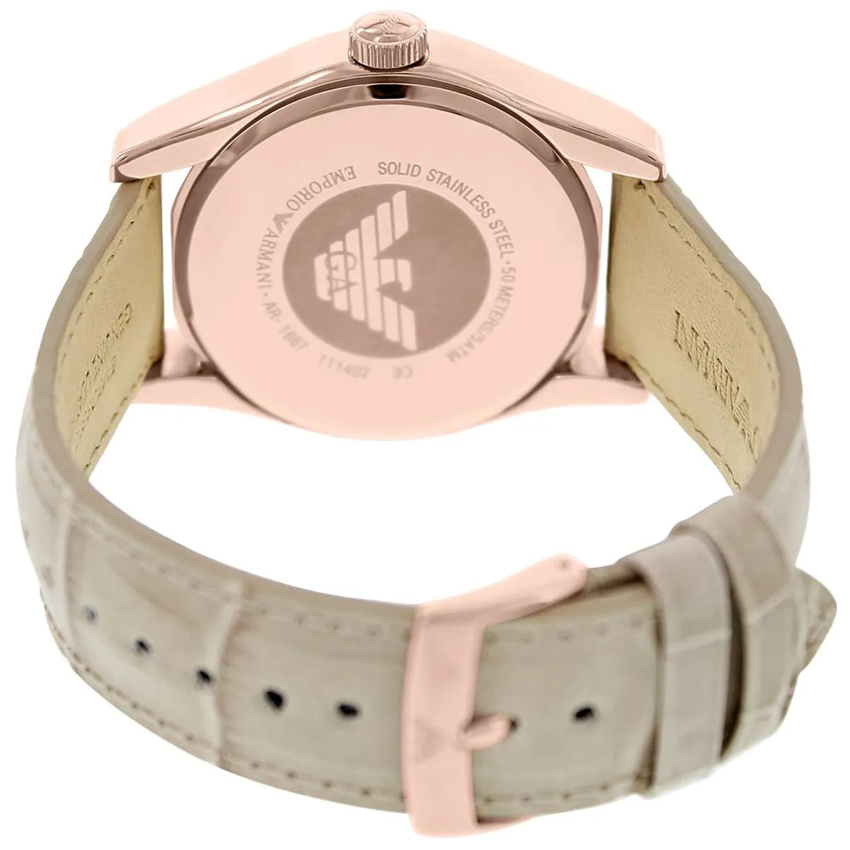 Emporio Armani Valente case back showing solid stainless steel and logo engraving