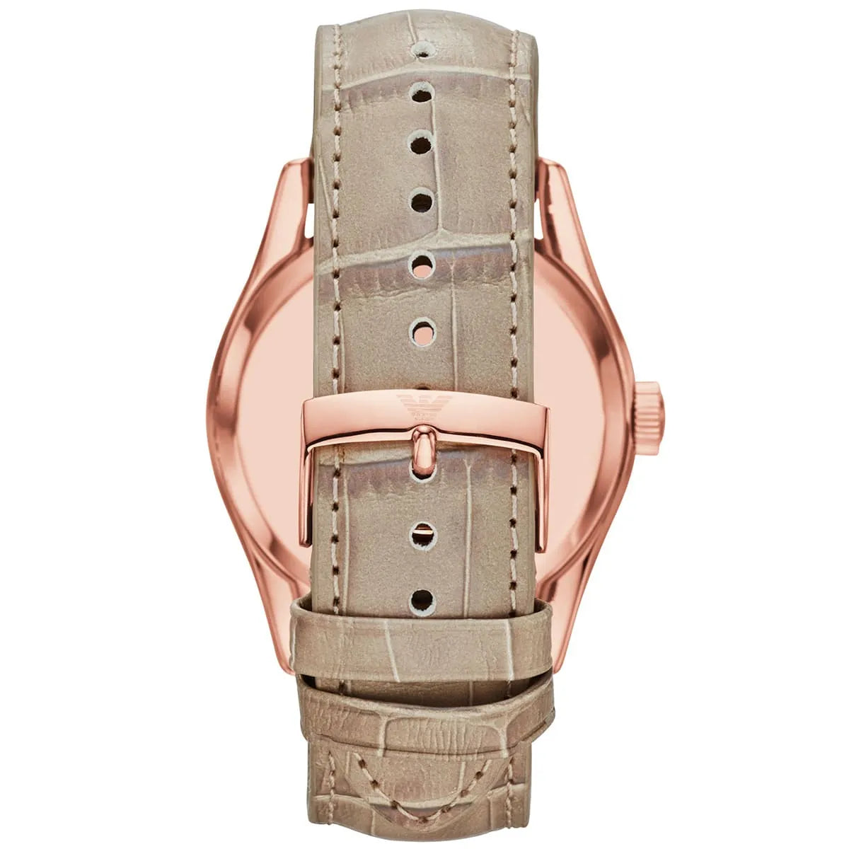 Back view of Emporio Armani Valente AR1667 rose gold case with beige leather strap