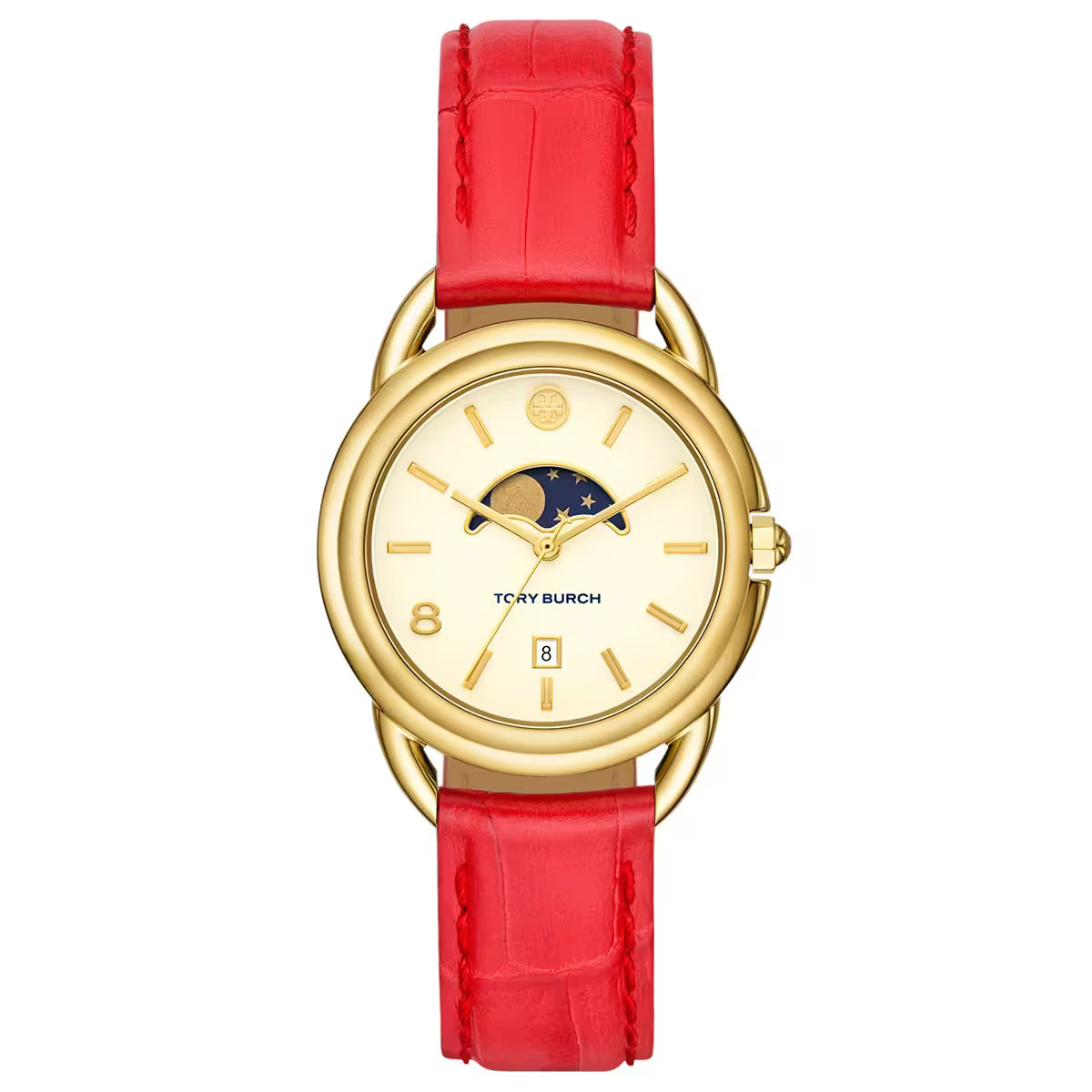 Tory Burch Miller Moon Ivory Dial Coral Red Leather Strap Women's Watch - TBW7228