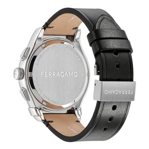 FERRAGAMO 1927 Chrono caseback engraved with brand name and black leather strap