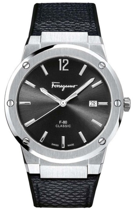 Ferragamo F-80 Classic Black Strap Black Steel Dial 42mm Men's Watch - SFDT00619