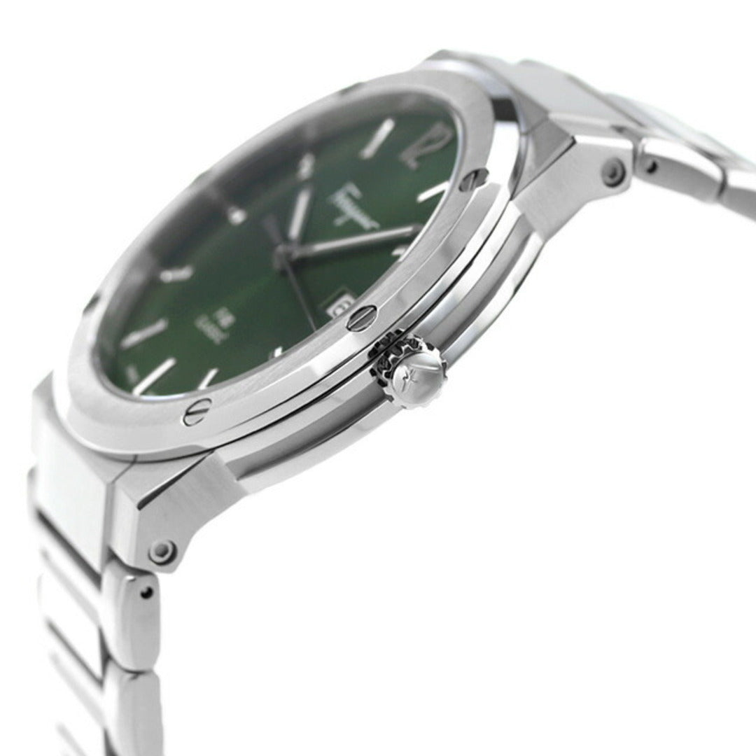 Side view of Ferragamo F-80 Classic watch showing case depth and bracelet