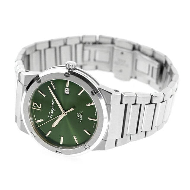 Ferragamo F-80 Classic watch worn on wrist with green dial visible