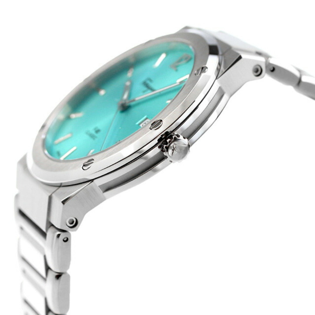 Side angled view of Ferragamo F-80 watch with silver case and steel bracelet