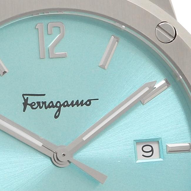 Close-up of Tiffany blue dial featuring Ferragamo signature and applied hour markers