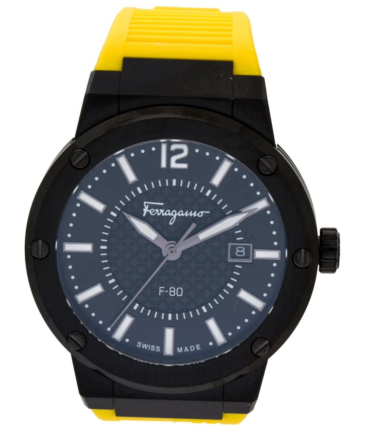Ferragamo F-80 black case with black and blue dial, yellow strap at angle
