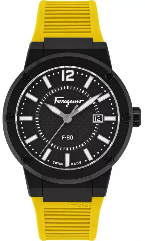 Ferragamo F-80 men's watch with black dial, yellow rubber strap, and date window