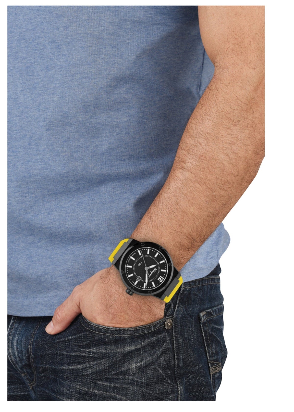 Ferragamo F-80 watch on men's wrist with yellow rubber strap
