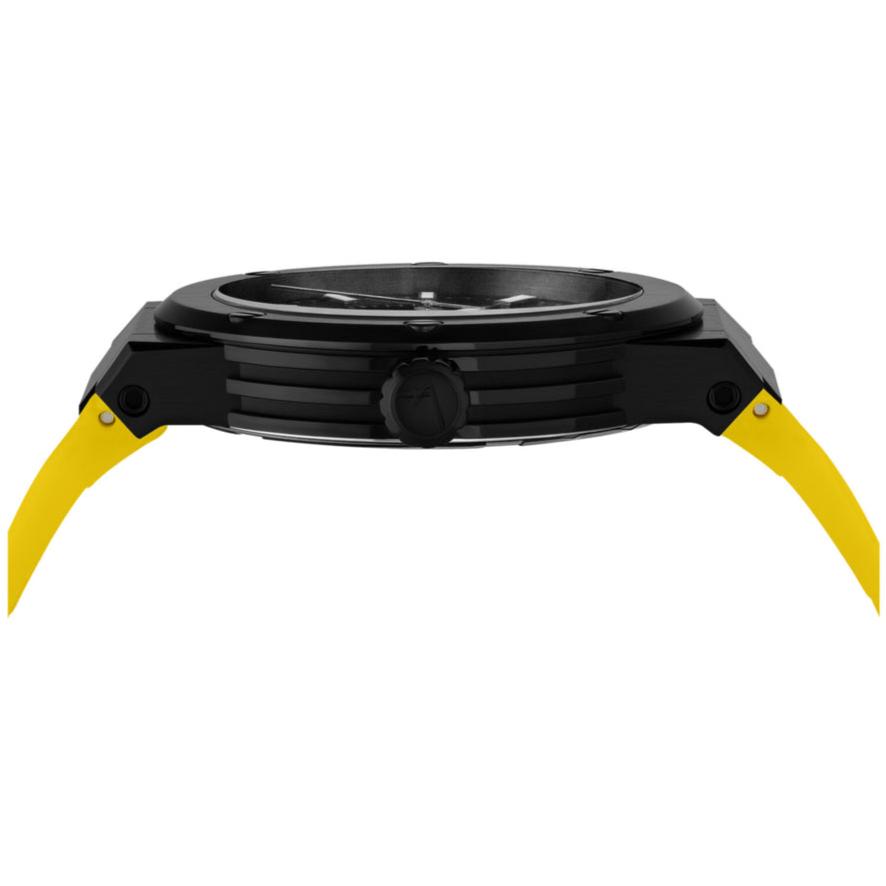 Ferragamo F-80 watch side view of case and yellow rubber strap