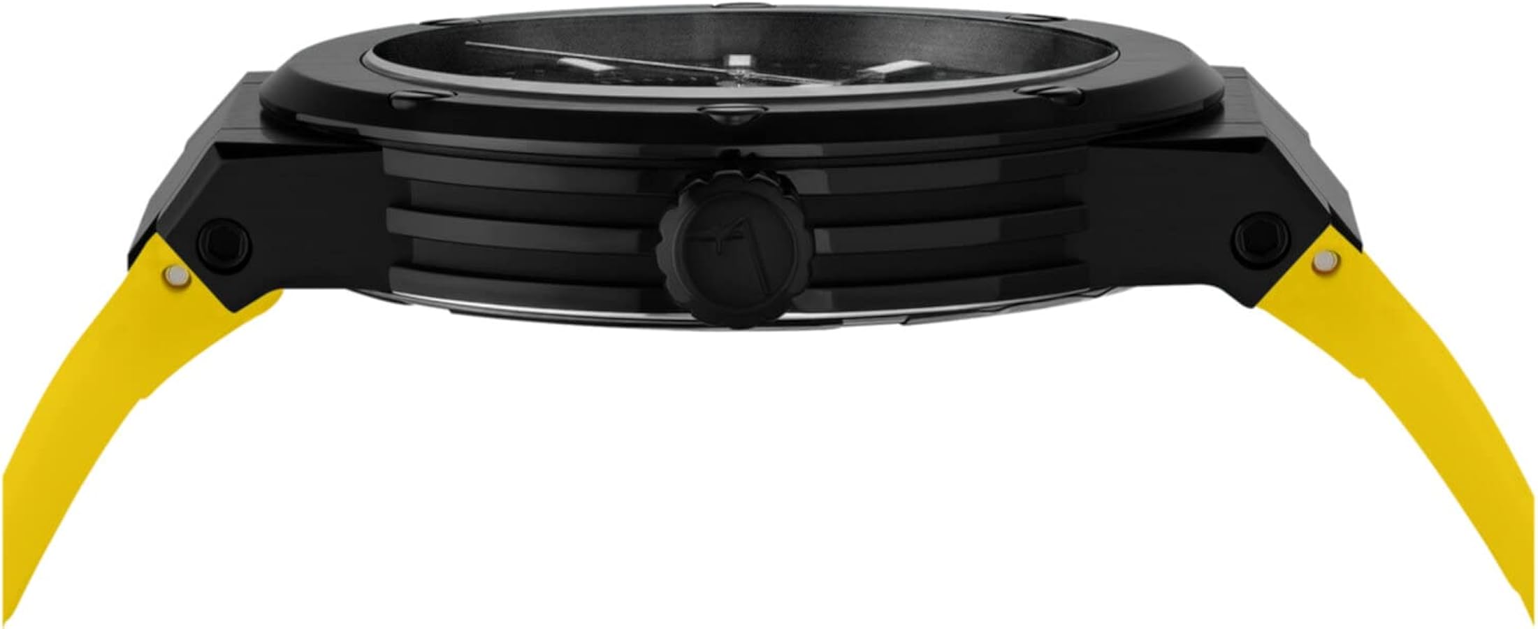 Ferragamo F-80 watch side profile showing black case and yellow strap lugs