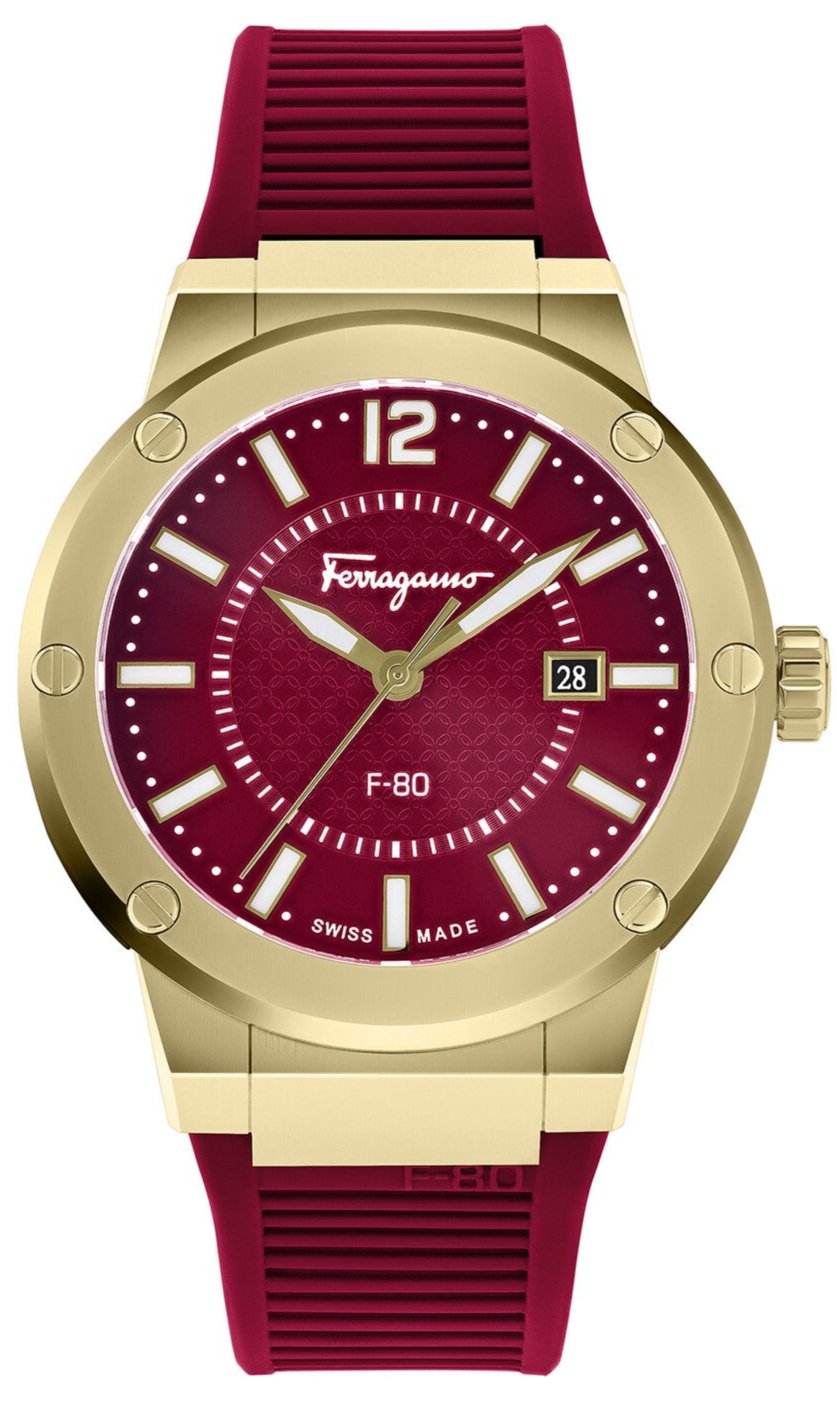 Ferragamo F-80 men's watch with red dial, gold-tone case, and red rubber strap