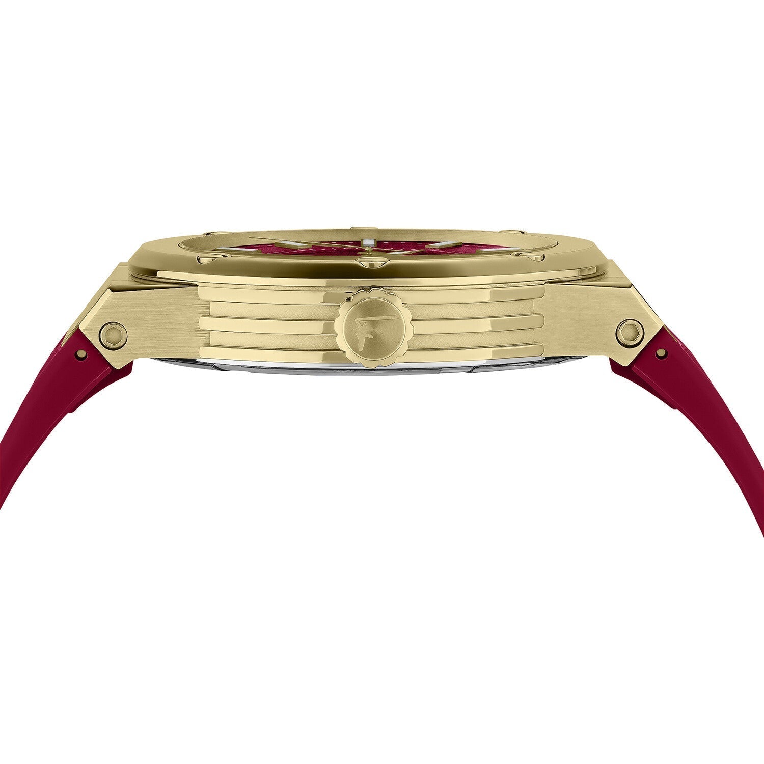 Ferragamo F-80 side view of gold-tone case with red rubber strap