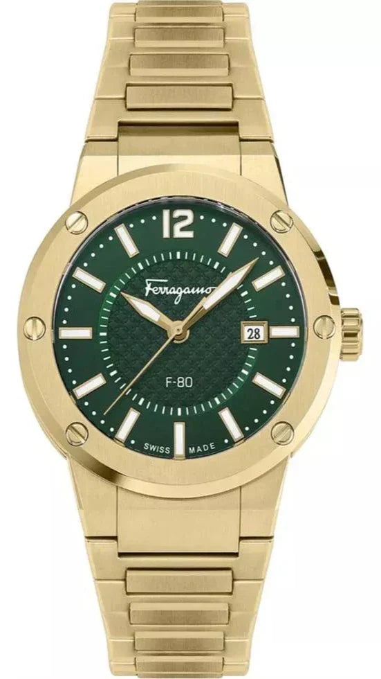 Ferragamo F-80 44mm gold stainless steel watch with green dial and matching bracelet