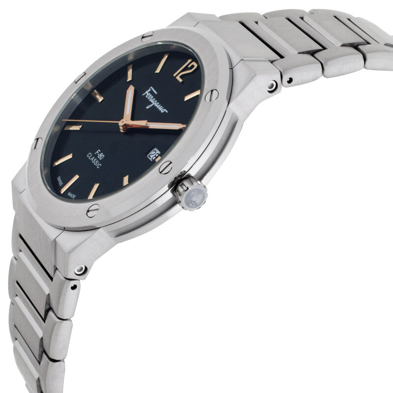 Angled side view of Ferragamo F-80 Classic watch showing stainless steel bracelet and black dial