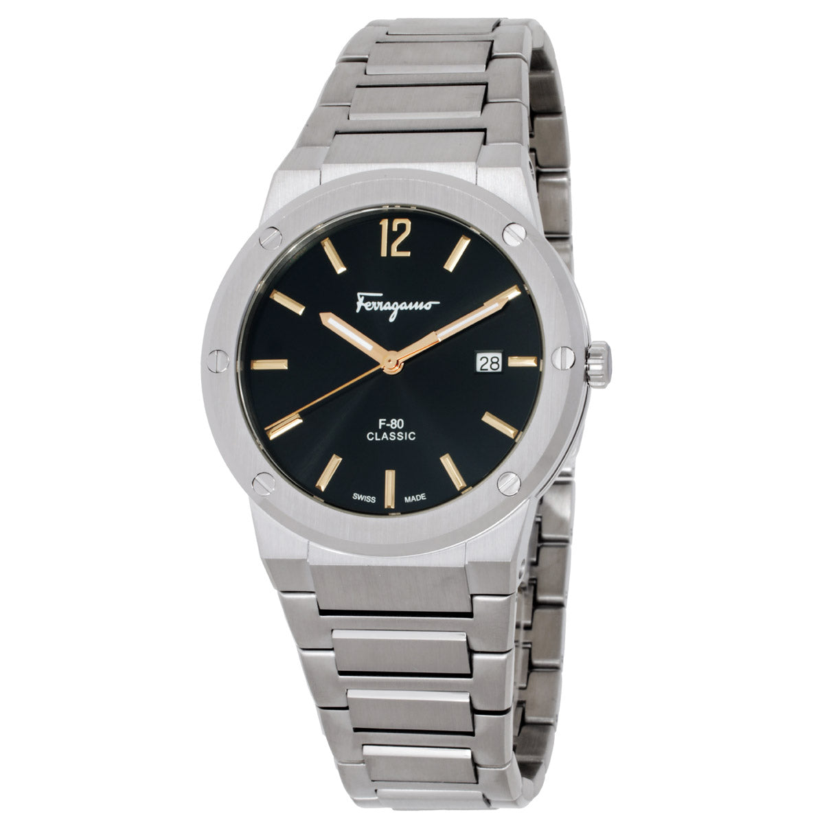 Ferragamo F-80 Classic quartz watch with black dial, champagne indices, stainless steel case and bracelet