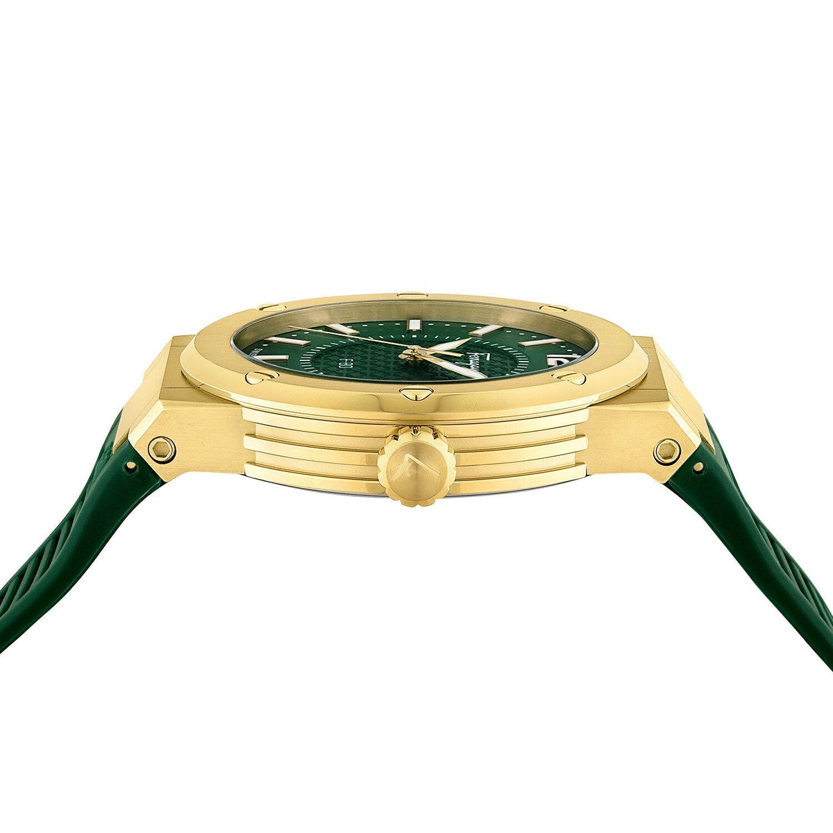 Ferragamo F-80 watch showing gold-tone case with green rubber strap