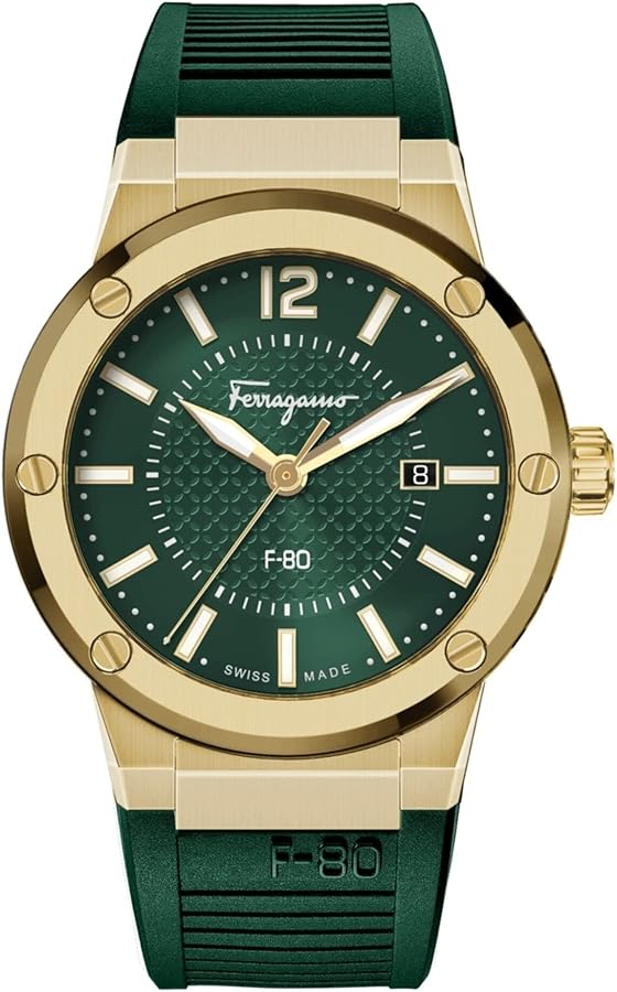 Ferragamo F-80 quartz men's watch with green dial and gold-tone case