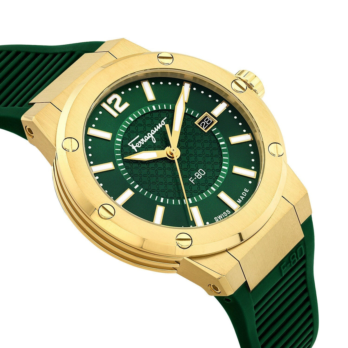 Ferragamo F-80 watch with green dial and gold case at angle view