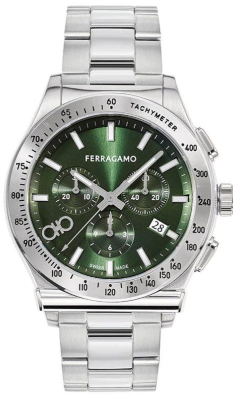 Ferragamo Salvatore 1927 Chrono Green Dial Silver Steel Strap Watch for Men - SFKZ00423