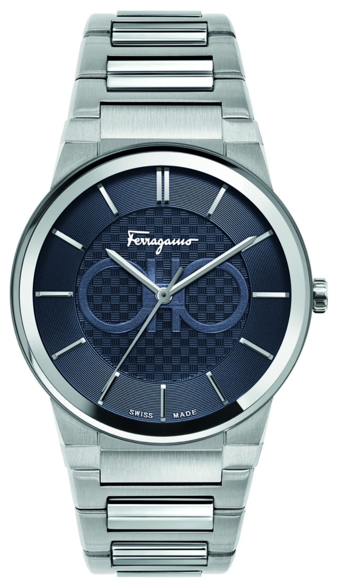 Ferragamo Salvatore watch front view with sapphire blue dial and silver steel strap