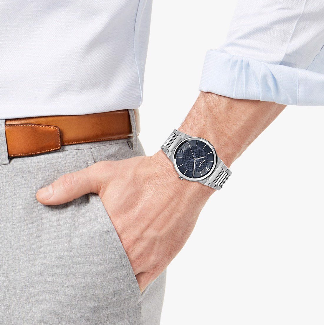 Ferragamo Salvatore watch worn on wrist with sapphire blue dial and steel strap