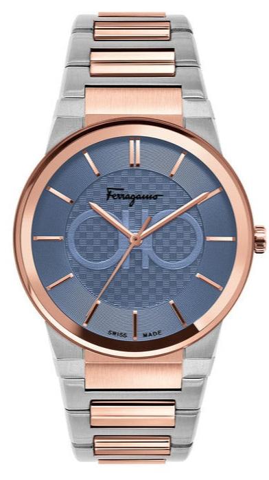 Ferragamo Salvatore men's watch with sapphire blue dial and two-tone steel rose gold bracelet
