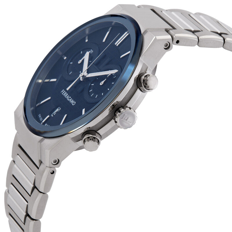 Ferragamo Salvatore chronograph watch side view showing sapphire crystal and steel case