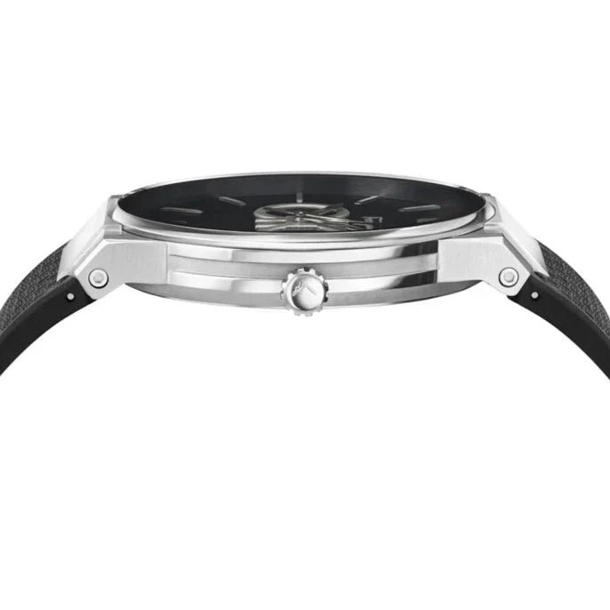 Side view of Ferragamo Sapphire 41mm watch showing stainless steel case and crown