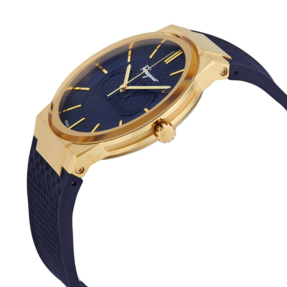Ferragamo SFHP00220 watch displayed at angle showing profile and blue rubber strap