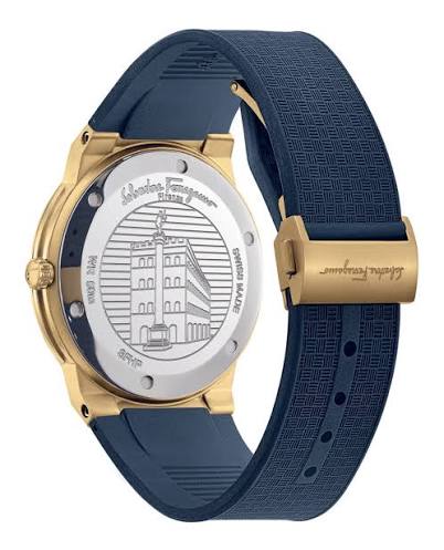 Ferragamo SFHP00220 caseback showing Gancini logo and watch specifications