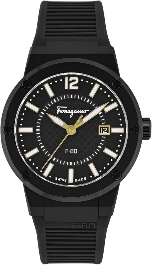 Ferragamo Swiss Made Quartz Black Silicone Strap Black Dial 44mm Men's Watch - SFHY01622