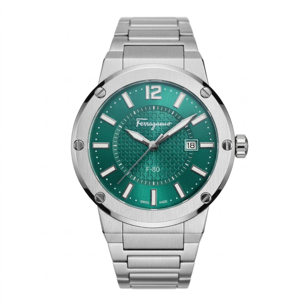Ferragamo Swiss Made Quartz Silver Stainless Steel Green Dial 44mm Men’s Watch - SFHY02924