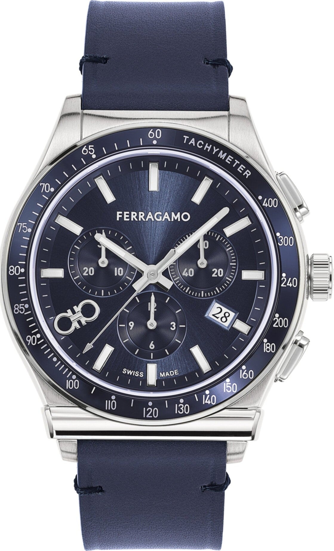 Ferragamo 1927 chronograph watch with blue dial, white hour markers, and navy leather strap
