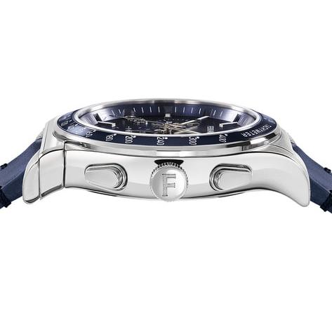 Side profile of Ferragamo chronograph watch showing case thickness and pushers
