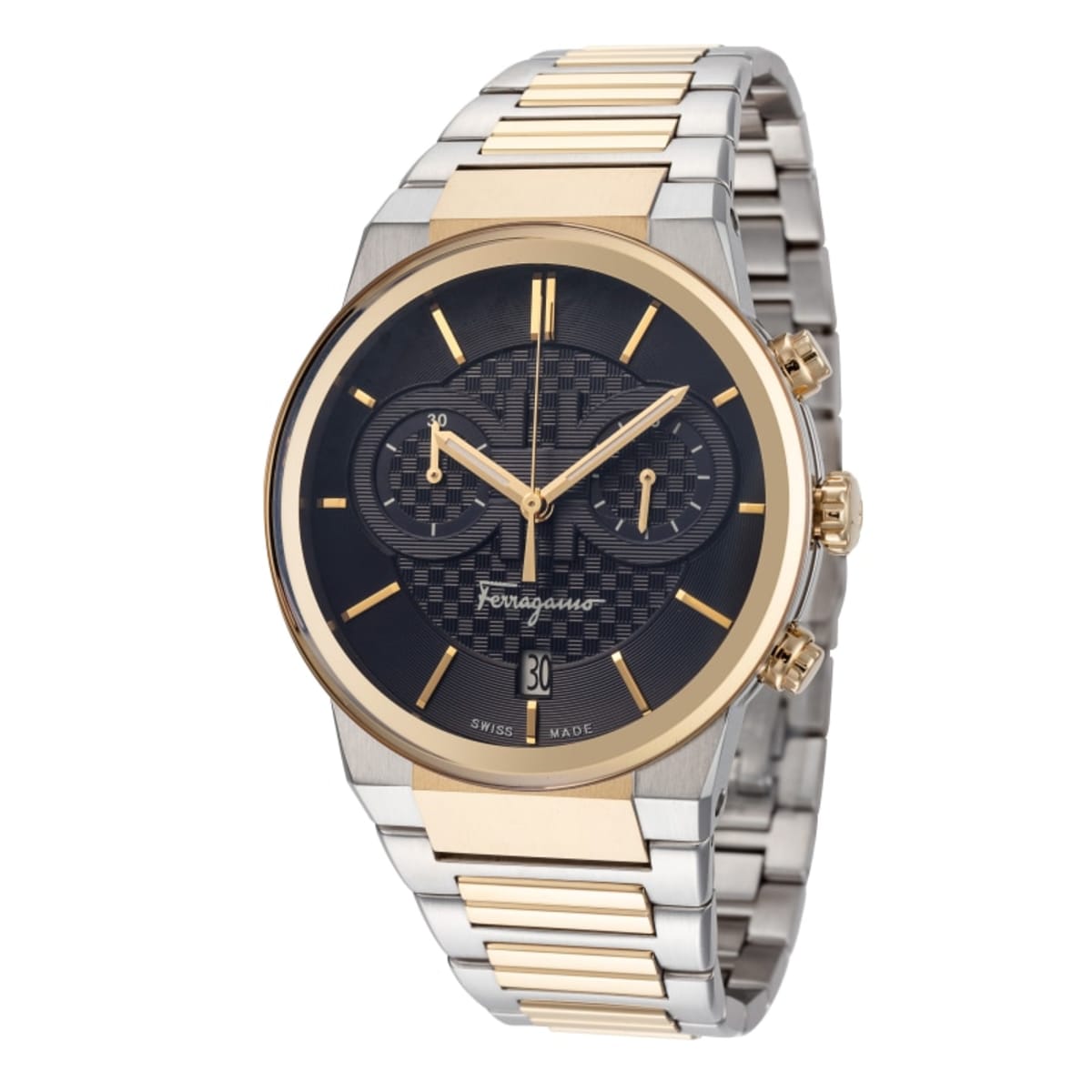 Ferragamo SFME00521 chronograph watch angle view showing two-tone bracelet and dial
