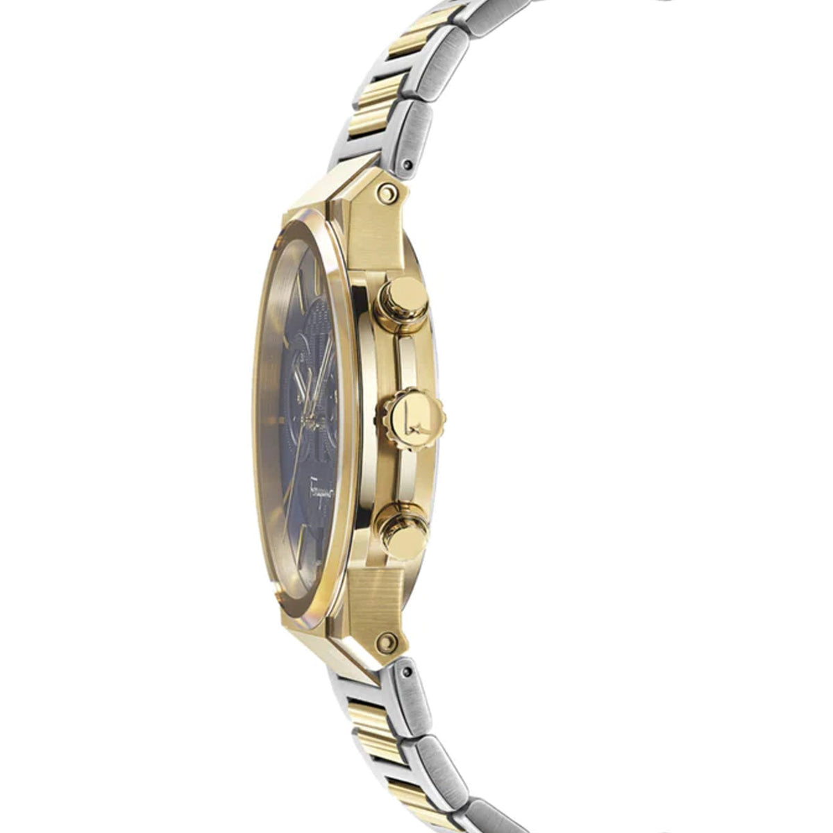 Ferragamo SFME00521 side profile showing case depth and two-tone stainless steel design