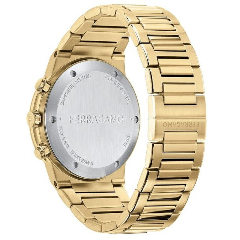 Gold steel bracelet and caseback with Ferragamo branding and engraved text
